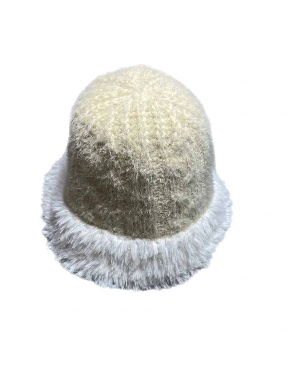 NWT - Handmade Knitted Fur Trim Bucket Hat